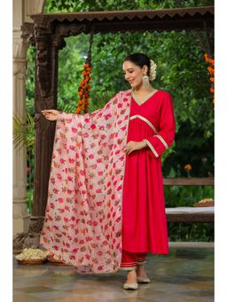Rain & Rainbow - Fuchsia Empire Gotta A-Line Anarkali Kurta With Trousers & Dupatta (Set of 3)