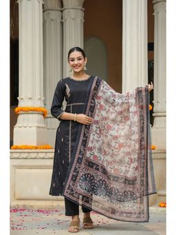 Rain & Rainbow - Black Straight Embroidery Kurta With Trouser And Printed Dupatta (Set of 3)