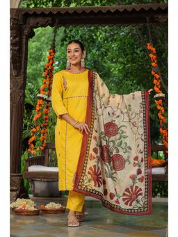 Rain & Rainbow - Mustard Straight Embroidery Kurta With Trouser And Printed Dupatta (Set of 3)