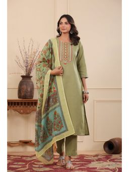 Rain & Rainbow - Green Solid Embroidery Kurta With Trouser And Printed Dupatta (Set of 3)