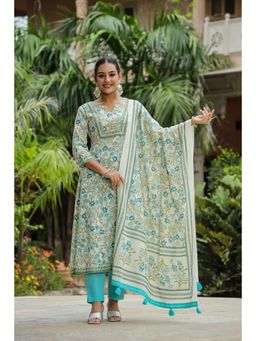 Rain & Rainbow - Teal Floral Sequinned Anarkali Kurta With Trousers & With Dupatta (Set of 3)