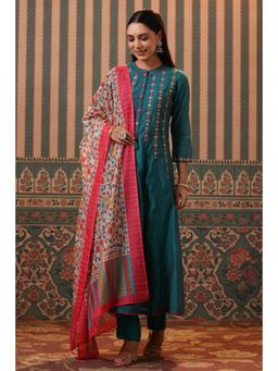 Rain & Rainbow - Teal Geometric Mirror Work Anarkali Kurta With Trousers & Dupatta (Set of 3)