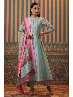 Rain & Rainbow - Pista Geometric Mirror Work Anarkali Kurta With Trousers & Dupatta (Set of 3)