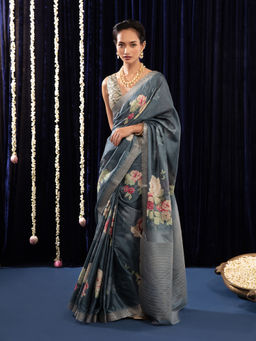 Gajra Gang - Organzamic Floral Blue Saree With Unstitched Blouse