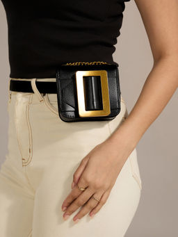 Twenty Dresses by Nykaa Fashion - Black and Gold Buckle Belt with Bag & Detachable Sling (Set of 2)