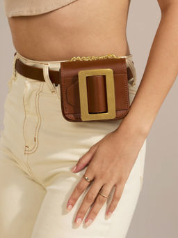 Twenty Dresses by Nykaa Fashion - Brown and Gold Buckle Belt with Bag & Detachable Sling (Set of 2)