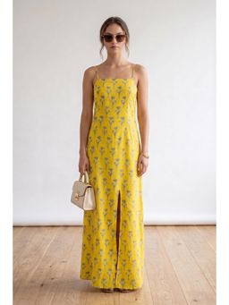 Jisora - Women's Yellow Floral Printed Russian Silk Dress