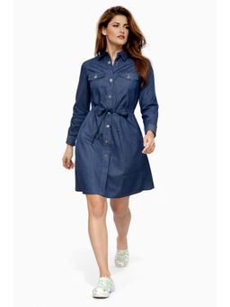 Tripursundari Fashion - Women's Navy Blue Denim Shirt Dress with Belt