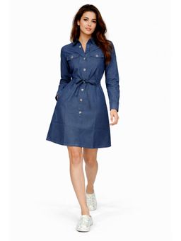 Tripursundari Fashion - Women's Navy Blue Denim Shirt Dress with Belt