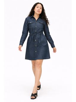 Tripursundari Fashion - Women's Navy Blue Denim Shirt Dress with Belt