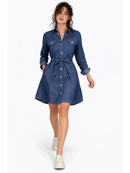 Tripursundari Fashion - Women's Navy Blue Denim Shirt Dress with Belt