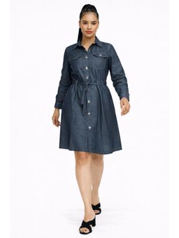 Tripursundari Fashion - Women's Navy Blue Denim Shirt Dress with Belt
