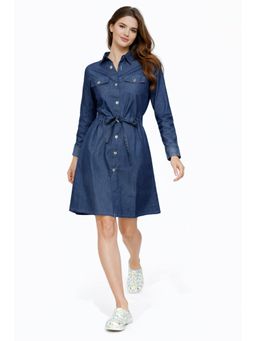 Tripursundari Fashion - Women's Navy Blue Denim Shirt Dress with Belt