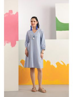 Scakhi - Blue Striped Cotton Cambric A-Line Dress