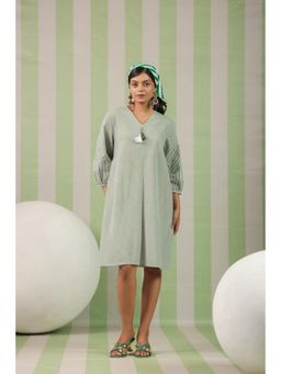 Scakhi - Sage Green Striped Cotton Cambric A-Line Dress