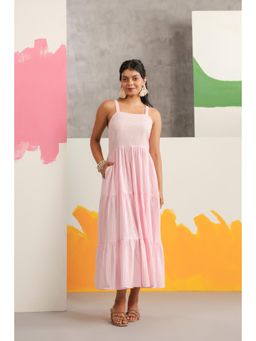 Scakhi - Pink Striped Cotton Tiered Smocked Dress