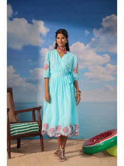 Scakhi - Blue Embroidered Cotton Wrap Dress