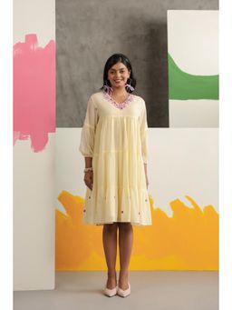 Scakhi - Butter Yellow Embroidered Cotton Mulmul Tiered Dress