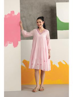 Scakhi - Pink Embroidered Cotton Mulmul Tiered Dress