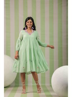 Scakhi - Pista Green Embroidered Cotton Mulmul Tiered Dress