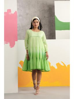 Scakhi - Lime Green Mulmul Cotton Ombre Print Tiered Dress