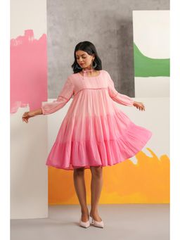 Scakhi - Pink Mulmul Cotton Ombre Print Tiered Dress