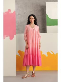 Scakhi - Pink Mulmul Cotton Ombre Print Tiered Dress