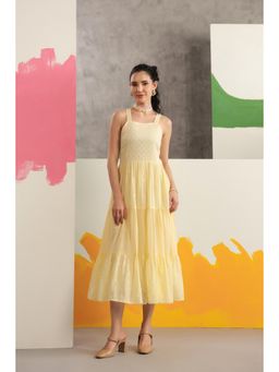 Scakhi - Butter Yellow Cotton Embroidered Tiered Dress