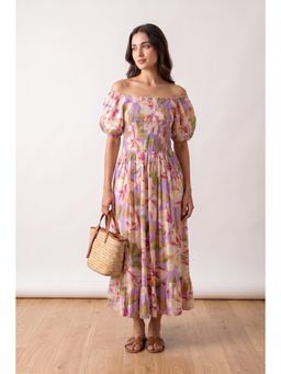Jisora - Women's Purple Floral Printed Russian Silk Dress