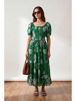 Jisora - Women's Green Floral Printed Russian Silk Dress