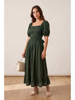 Jisora - Women's Olive Solid Russian Silk Dress