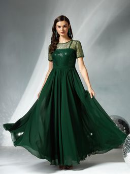 Miss Chase - Women's Dark Green Relaxed Fit Maxi Sequins Dress
