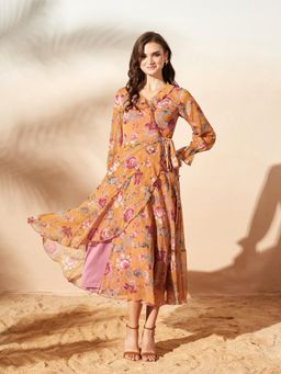 Miss Chase - Women's Mustard Bohemian Ruffled Midi Dress