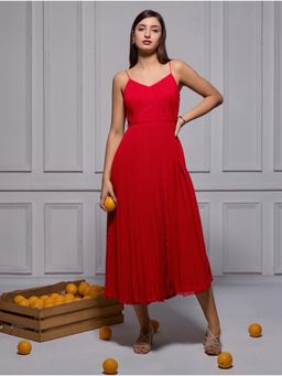 Torsha - Designer Red Sleeveless Pleated Midi Dress