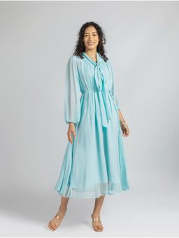Torsha - Blue Georgette Loose Fit Dress with Belt