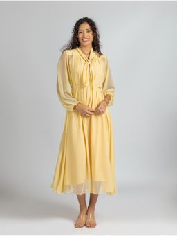 Torsha - Yellow Georgette Loose Fit Dress with Belt