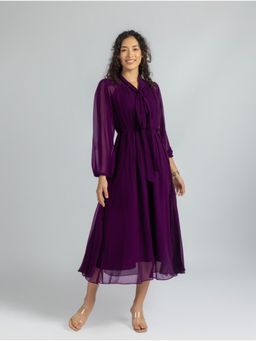 Torsha - Purple Georgette Loose Fit Dress with Belt