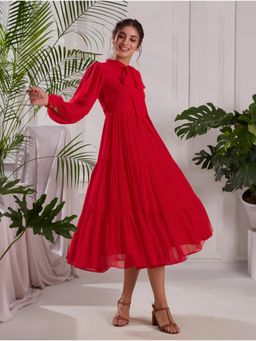 Torsha - Elegant Red Pleated Midi Dress