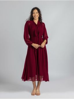 Torsha - Maroon Georgette Loose Fit Dress With Belt