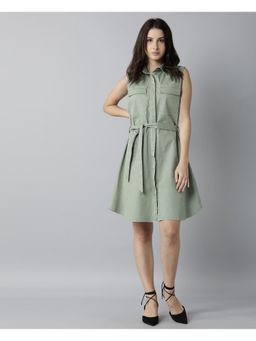 RAREISM - Solid Sage Green Women Dress With Belt