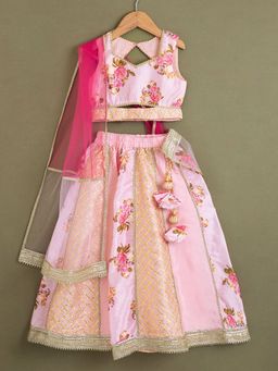 Hopscotch - 3-Piece Lace Embellished Floral Print Lehenga, Choli and Dupatta