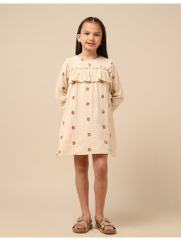 U.S. POLO ASSN. - Girls Beige Floral Embroidered A-Line Dress