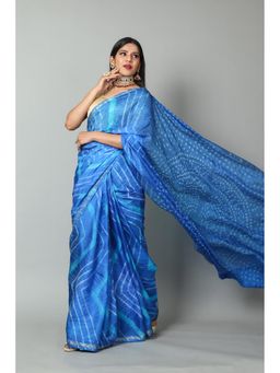 KISHORI - Women Zari Border and Thread Tassels Crepe Saree with Unstitched Blouse - Blue