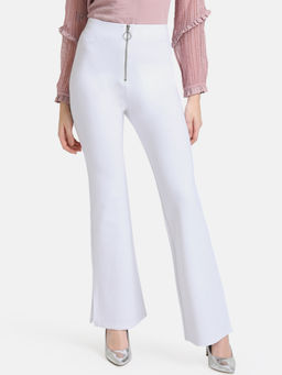 Kazo - White Solid Front Zipper Detailed Trousers