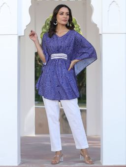 Jaipur Kurti - Blue Embroidered Printed Muslin Kaftan Top