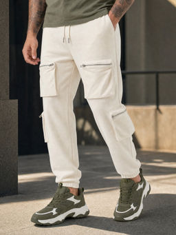 Nobero - Men Off White Cargo Pocket Joggers