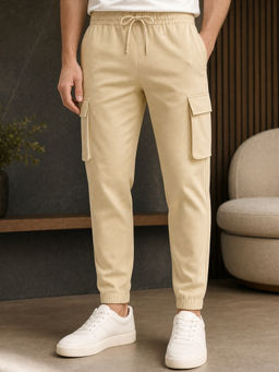 Nobero - Men Light Beige Essential Cargo Pocket Joggers
