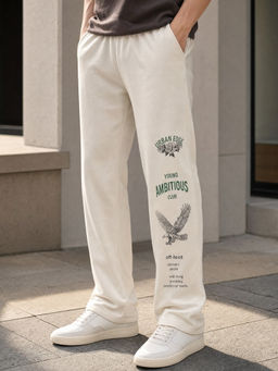 Nobero - Men Cream Graphic Printed Resilient Straight Fit Trackpant