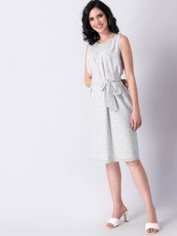 FabAlley - White Geometric Belted Gathered Midi Dress