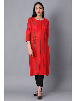 W - Women Pink Festive Geometric Print Shantung Straight Kurta